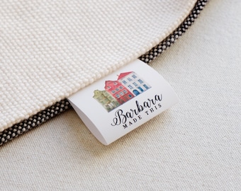 fabric labels tags, quilting labels, sewn on labels, uk, knitting label, sewing label, folded tag, branding, custom fabric label - 100x50mm