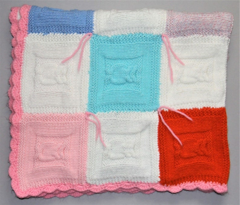 Vintage Baby Crochet AfghanBlanket Granny Square Blue White Pink 38 x 40