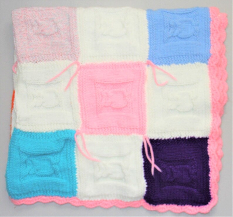Vintage Baby Crochet AfghanBlanket Granny Square Blue White Pink 38 x 40