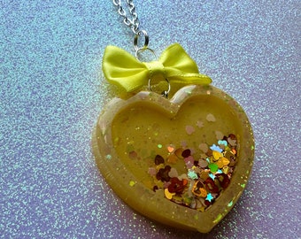 Resin Shaker Necklace, Yellow Glitter Heart Charm Necklace