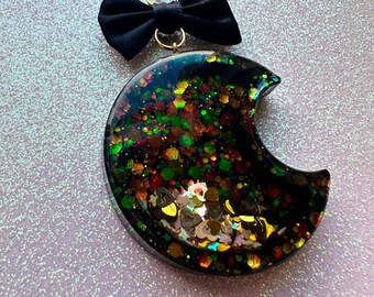 Resin Shaker Necklace, Black Glitter Moon Charm Necklace