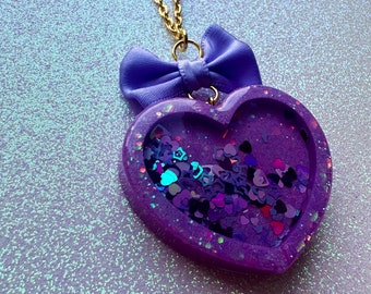 Resin Shaker Necklace, Purple Glitter Heart Charm Necklace