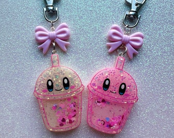 Resin Shaker Keychain, Kawaii Kirby Boba Tea Milkshake Keyring