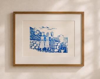 Greek Island Relief Print | Mediterranean Wall Art | Coastal Decor | Hand printed Blue Block Print | Fruit Head Women Artwork