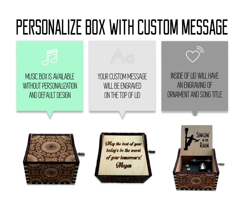 Cantare sotto la pioggia Mano Crank Wood Music Box Con Incisione Personalizzata Taglio Laser e inciso immagine 2