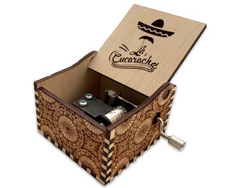 La Cucaracha - Hand Crank Wood Music Box With Personalized Engraving - Laser Cut and Engraved