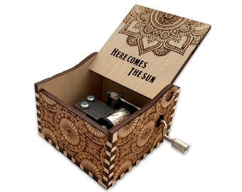 Here Comes The Sun - The Beatles - Hand Crank Wood Music Box With Personalized Engraving - Laser Cut and Engraved