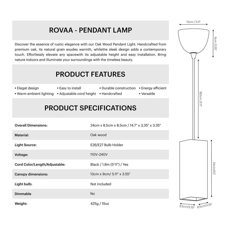 ROVAA Bespoke Oak Wood Pendant Lamp, Rustic Ceiling Light for