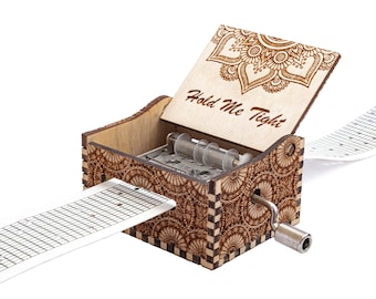 Hold Me Tight - Hand Crank Wood Paper Strip Music Box With Personalized Engraving - Laser Cut and Engraved