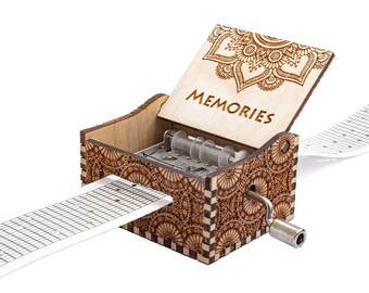 Memories - Hand Crank Wood Paper Strip Music Box With Personalized Engraving - Laser Cut and Engraved