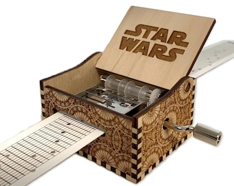 Star Wars - Hand Crank Wood Paper Strip Music Box With Personalized Engraving - Laser Cut and Engraved