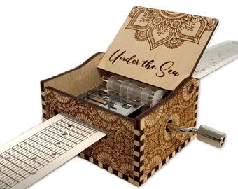 Under The Sea - Hand Crank Wood Paper Strip Music Box With Personalized Engraving - Laser Cut and Engraved