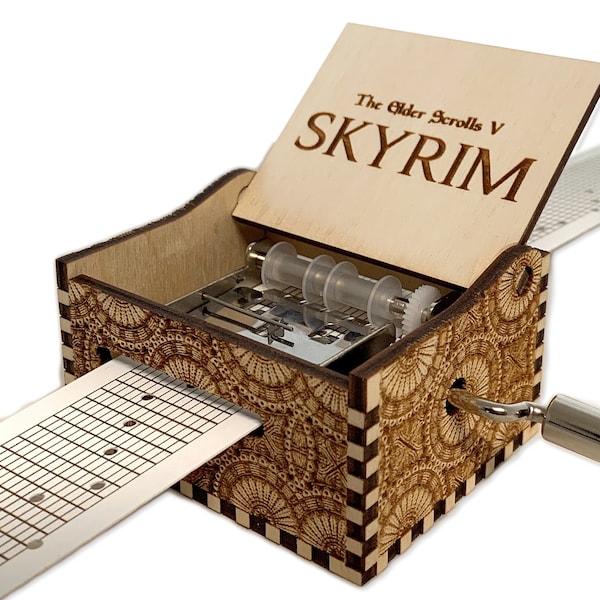 Skyrim - The Elderscrolls V - Hand Crank Wood Paper Strip Music Box With Personalized Engraving - Laser Cut and Engraved