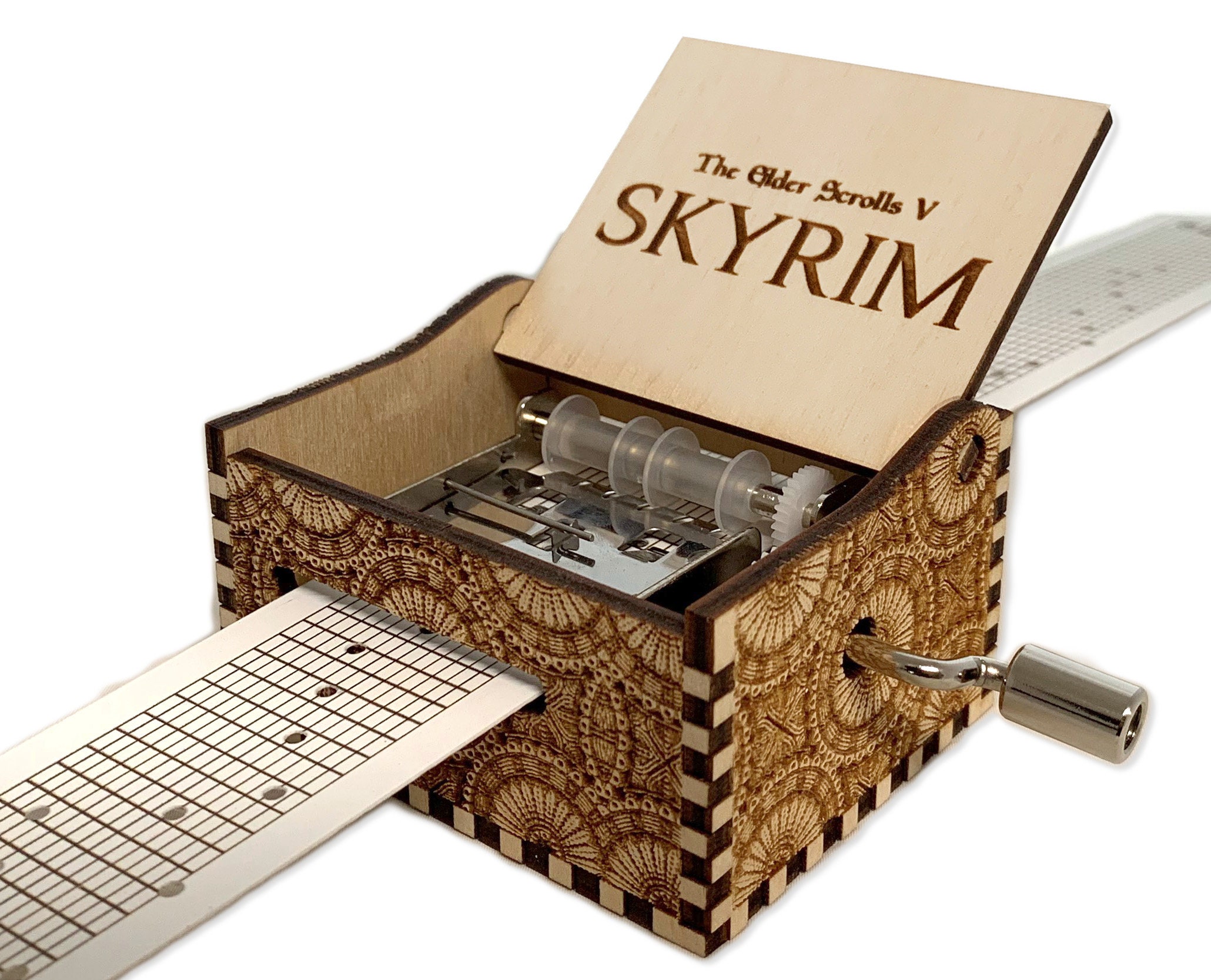 Skyrim - The Elderscrolls V - Hand Crank Houten Papier Strip Muziekdoos Met Gepersonaliseerde Graveren - Laser Gesneden en Gegraveerd