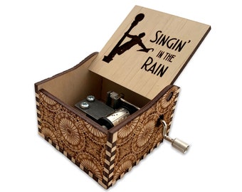 Singing In The Rain - Hand Crank Wood Music Box With Personalized Engraving - Laser Cut and Engraved