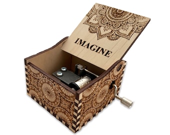 Imagine - John Lennon - Hand Crank Wood Music Box With Personalized Engraving - Laser Cut and Engraved