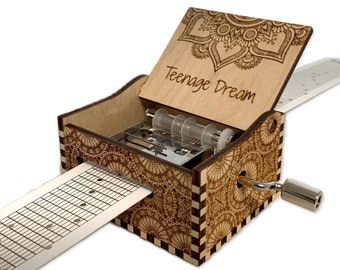 Teenage Dream - Katy Perry - Hand Crank Wood Paper Strip Music Box With Personalized Graveing - Laser Cut and Graved