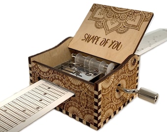 Shape of You - Hand Crank Wood Paper Strip Music Box With Personalized Engraving - Laser Cut and Engraved
