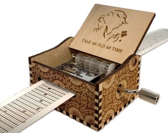 Racconto come vecchio come il tempo - La bella e la bestia - Hand Crank Wood Paper Strip Music Box con incisione personalizzata - Taglio laser e inciso