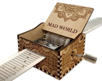 Mad World - Garry Jules - Scatola musicale a manovella in legno di carta con incisione personalizzata - Taglio laser e inciso