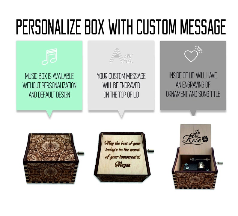 May include: A wooden music box with a floral design on the lid. The lid is open and shows a small metal mechanism inside. The box is engraved with the text "May the best of your today's be the worst of your tomorrow's! Megan".