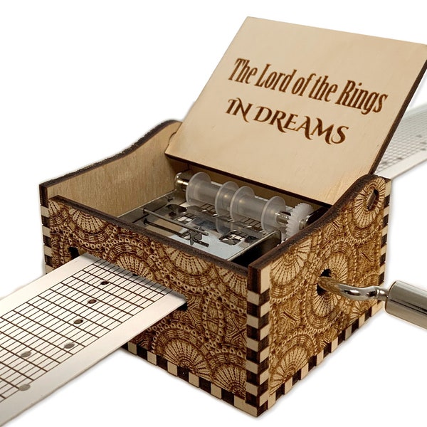 In Dreams - The Lord Of The Rings - Hand Crank Wood Paper Strip Music Box With Personalized Engraving - Laser Cut and Engraved