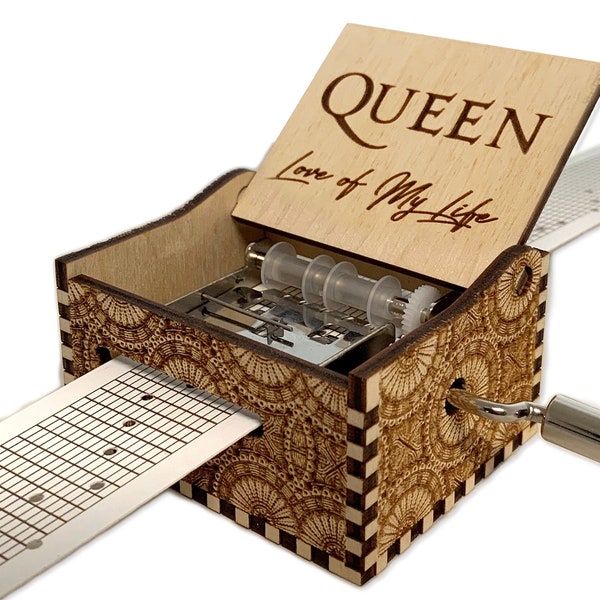 Love Of My Life - Queen - Hand Crank Wood Paper Strip Music Box With Personalized Engraving - Laser Cut and Engraved