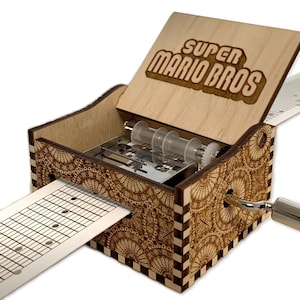 Super Mario Bros - Hand Crank Wood Paper Strip Music Box With Personalized Engraving - Laser Cut and Engraved