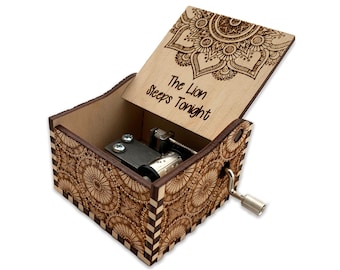 Lion Sleeps Tonight - Hand Crank Wood Music Box With Personalized Engraving - Laser Cut and Engraved