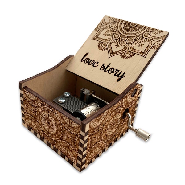 Love Story (1970) Movie Theme Song - Hand Crank Wood Music Box With Personalized Engraving - Laser Cut and Engraved