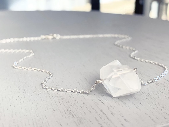 Raw Clear Quartz Stone Necklace Sterling Silver Chain, Clear Quartz Crystal Necklace, Rough Quartz Pendant, Healing Crystal Gemstone Jewelry