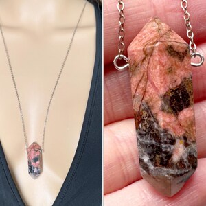 Rhodonite Necklace, Statement Necklace, Raw Pink Crystal Necklace, Heart Chakra Healing Crystal, Rhodonite Gemstone Necklace EXACT STONE