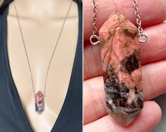 Rhodonite Necklace, Statement Necklace, Raw Pink Crystal Necklace, Heart Chakra Healing Crystal, Rhodonite Gemstone Necklace EXACT STONE