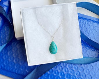 Raw Turquoise Necklace Sterling Silver Handcrafted Genuine Turquoise Jewelry 14k Gold December Birthstone Necklace Keepsake Gift for Her