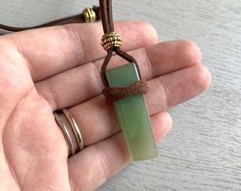 Green Aventurine Necklace, Raw Crystal Necklace, Boho Gemstone Necklace Brown Cord Mens Crystal Necklace, Birthday Gift for Sister, Friends