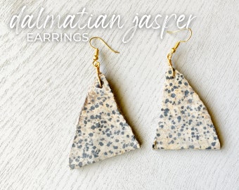 DALMATION JASPER EARRINGS, Raw Stone Earrings, Healing Stone Jewelry, Dog Lover Gift, Gemstone Dangle Earrings Gold Plated, Exact Pair