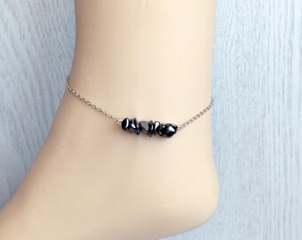 Black Crystal Anklet Sterling Silver Handmade Hematite Jewelry Gold, Raw Hematite Bracelet, Protection Stone Ankle Bracelet Crystal Healing