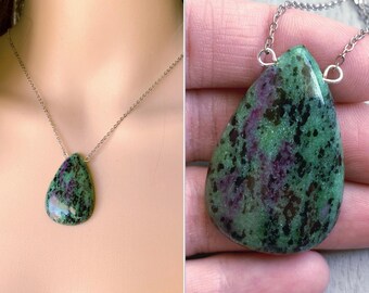 Ruby Zoisite Necklace, Gold Silver Necklace, Big Ruby Pendant Necklace, July Birthstone Necklace, Natural Ruby Zoisite Jewelry EXACT STONE