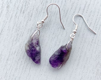Raw Amethyst Crystal Earrings Silver Purple Gemstone Earrings Gold, February Birthstone Earrings, Purple Dangle Earrings, Birthday Gifts
