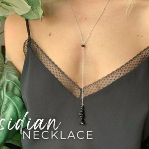 BLACK OBSIDIAN NECKLACE, Long Gemstone Lariat Necklace, Empath Protection Necklace, Black Crystal Necklace, Black Stone Necklace for Her