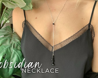 BLACK OBSIDIAN NECKLACE, Long Gemstone Lariat Necklace, Empath Protection Necklace, Black Crystal Necklace, Black Stone Necklace for Her