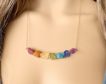 Chakra Necklace Raw Crystals, Seven Chakras Necklace 7 Chakra Necklace Crystal Chakra Choker, Rainbow Stones Necklace,Rainbow Pride Necklace