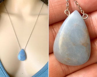 Natürliche Angelit Halskette, Blauer Angelit Schmuck, Big Angelit Kristall Sterling Silber Roh Angelit Anhänger, Blauer Stein Halskette EXAKTE STEIN