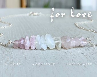 Love Crystal Necklace, Rose Quartz Moonstone Kunzite Necklace, Self Love Necklace, Love Spell Necklace Gold, Love Attraction Necklace Silver