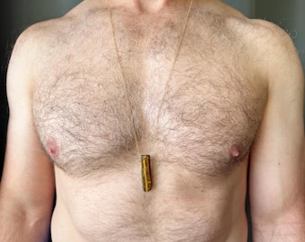 May include: A necklace featuring a cylindrical tiger's eye gemstone pendant suspended on a thin, delicate gold-toned metal chain. The pendant displays natural brown and golden bands characteristic of the stone, hanging vertically from a simple bail.