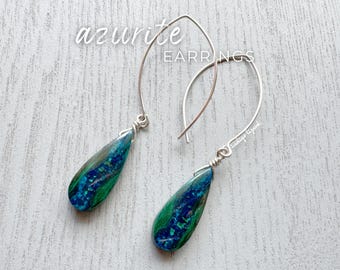 RAW Azurite Earrings Sterling Silver Wrapped Blue Stone Earrings, Azurite Stone Jewelry, Blue Crystal Gemstone Dangle Earrings EXACT PAIR