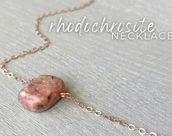 RAW Rhodochrosite Necklace Gold, Pink Gemstone Choker Necklace Silver, Heart Chakra Pendant Pink Stone Necklace, Wiccan Crystal Healing Gift