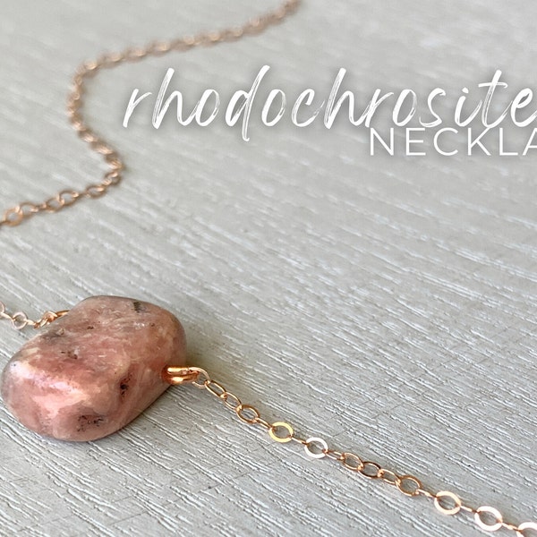 RAW Rhodochrosite Necklace Gold, Pink Gemstone Choker Necklace Silver, Heart Chakra Pendant Pink Stone Necklace, Wiccan Crystal Healing Gift