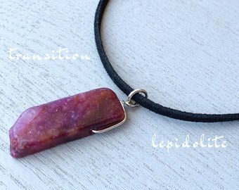 Lepidolit Halskette, Lepidolit Anhänger, Echter Lepidolit, Schwarzer Kordelstein Halskette, Edelstein Punkt, Heilstein Edelstein, Lepidolit Schmuck