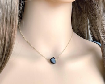 Kleine schwarze Obsidian Halskette Silber, Kleine Edelstein Kette, Kleine Kristall Kette Gold, Metaphysische Kette, Schutzstein Schmuck